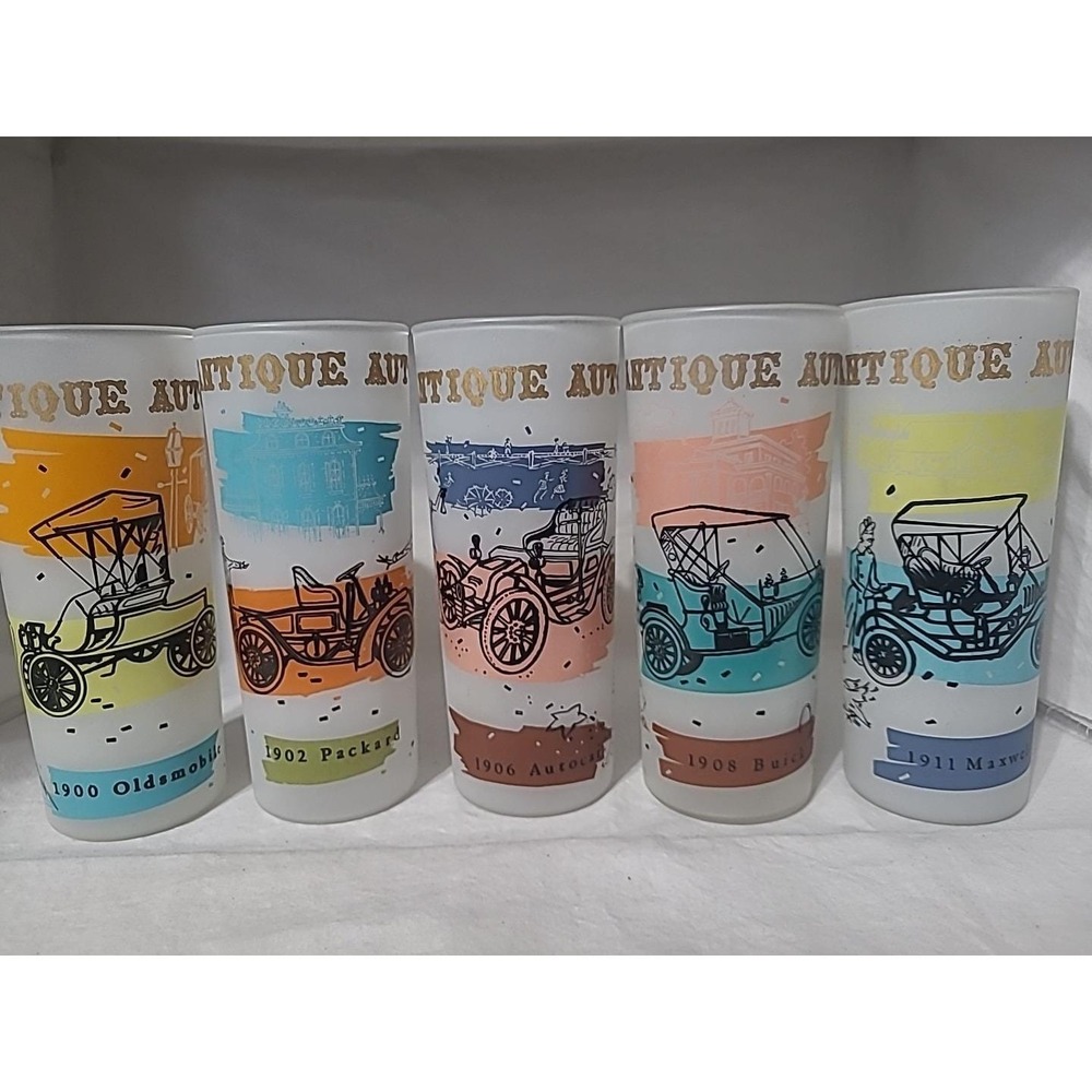Vintage Anchor Hocking Antique Autos Frosted Highball Glasses Set Of 5